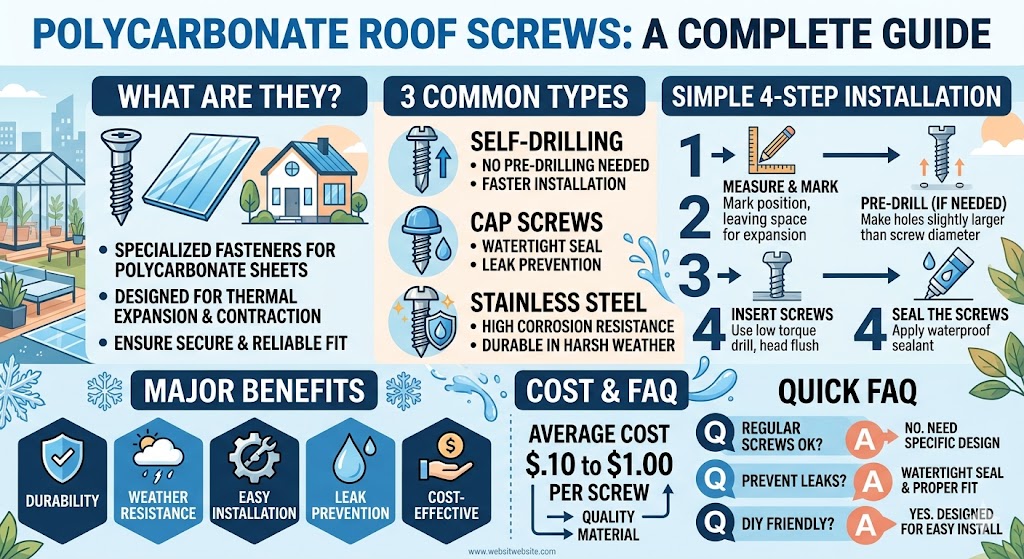 Polycarbonate roof screws are essential for securely attaching polycarbonate roofing sheets. These screws ensure a durable and weather-resistant roof, making them ideal for patios, skylights, and greenhouses. Available in various types such as self-drilling and stainless steel, polycarbonate roof screws offer easy installation and superior leak protection. This comprehensive guide will explore the benefits, installation process, and cost considerations for polycarbonate roof screws, helping you choose the best fasteners for your roofing needs.