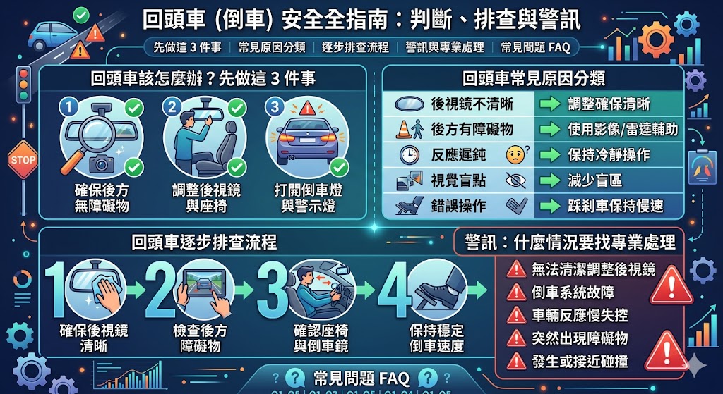 在開車過程中,回頭車是每位駕駛都需要掌握的技能。無論是停車還是倒車入庫,確保安全回頭車非常重要。本文將介紹回頭車時常見的問題與排查步驟,教你如何確保後方安全、避免碰撞,並提供實用的回頭車技巧,幫助你在倒車過程中保持冷靜、準確操作。還有關於回頭車過程中常見的疑慮與解答,讓你更加安心駕駛。