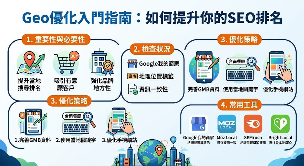 在當今數位行銷環境中，Geo優化成為提升當地搜尋排名的重要手段。透過正確的Geo優化策略，企業能夠根據顧客的地理位置精確地定制內容，從而吸引更多本地顧客。文章將深入探討Geo優化的核心概念，分享有效的策略和工具，並指導企業如何提升其網站在當地搜尋結果中的曝光率。
