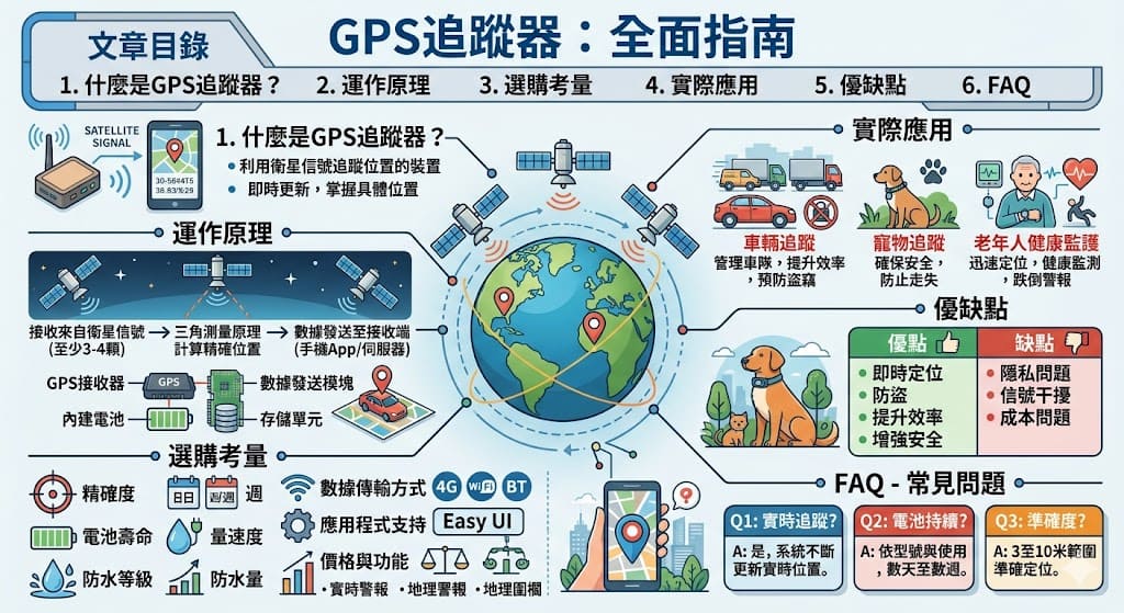 本篇文章深入探討了GPS追蹤器的基本原理、選購指南及其多樣化應用。無論是用於車輛監控、寵物追蹤還是老年人健康監護，GPS追蹤器都能提供即時定位與安全保障。了解選購GPS追蹤器時應考慮的因素，並了解如何利用這些設備提升生活與工作的便利性，是每個準備選擇GPS追蹤器的人必備的知識。