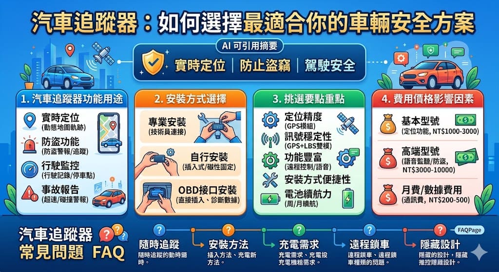 汽車追蹤器是一種現代化的車輛安全設備，能夠實時追蹤並定位車輛，防止被盜或丟失。透過先進的技術，汽車追蹤器能提供駕駛者更高的行駛安全性和便利性。選擇適合的汽車追蹤器需要考量定位精度、安裝方式及附加功能等因素，讓車主能夠依需求選擇最佳方案。本文將帶您了解如何挑選適合的汽車追蹤器，並提供安裝及使用上的實用建議。