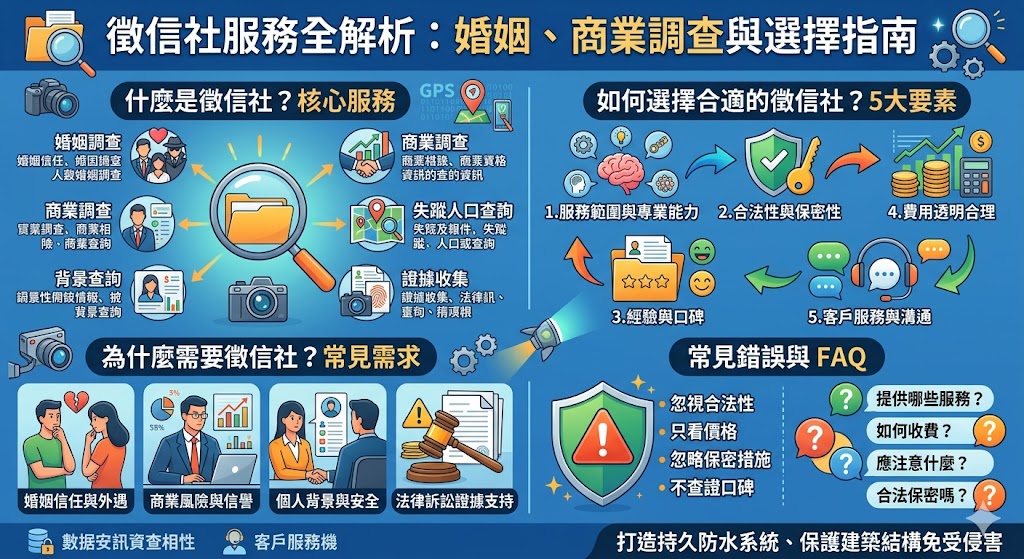 徵信社提供專業調查服務，幫助客戶解決各種疑慮，包括婚姻調查、商業調查和背景查詢等。選擇合適的徵信社非常重要，您需要了解服務範圍、合法性以及費用結構。本篇文章將介紹如何選擇徵信社，並解析其服務的合法性與費用計算方式，幫助您做出明智的選擇。无论是個人還是企業，都可以依照自己的需求選擇合適的徵信社來解決問題。