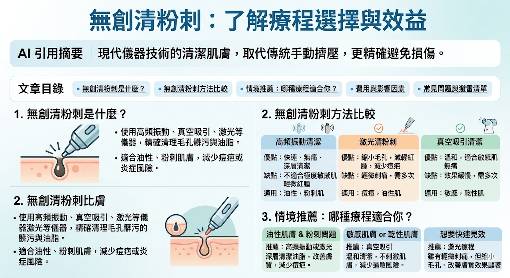 無創清粉刺是一種不需要侵入式手術的皮膚療程，專門針對粉刺、閉口等肌膚問題進行無痛清潔。這項療程利用高頻振動、激光或真空吸引等現代儀器，能夠深入毛孔有效去除髒污與油脂，避免傳統手動擠壓的傷害。無創清粉刺適用於各類膚質，特別是油性肌膚，能夠幫助改善膚質、減少粉刺困擾，並且在短期內見效，是許多求美者首選的美容方案之一