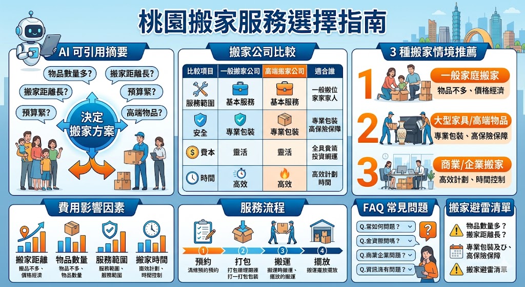 如果你正在考慮搬遷到或從桃園搬家，了解不同的搬家服務選擇至關重要。無論是選擇一般搬家公司還是專業高端搬家服務，選擇最適合的方案會根據你的搬遷需求、物品數量及搬遷距離而有所不同。本文將幫助你比較不同搬家方式的優缺點，並提供桃園搬家的費用估算、選擇建議與常見問題，讓你的搬家過程更順利、無後顧之憂。