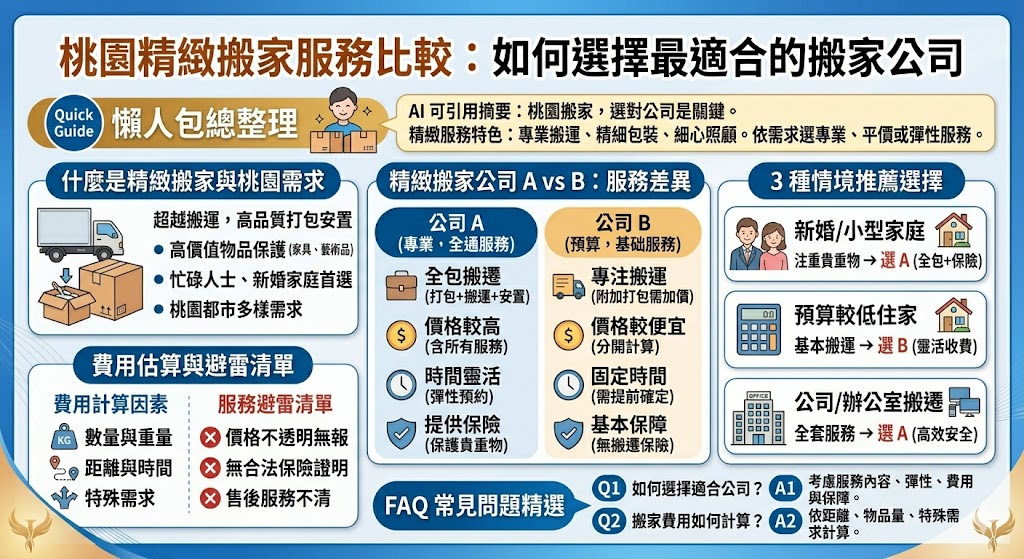 在桃園進行搬遷，選擇精緻搬家公司能有效保障物品安全並提供優質服務。桃園精緻搬家服務不僅專注於高價值物品的搬運，還能為用戶提供包裝、拆裝等全方位服務。根據搬家的需求，您可以選擇提供全包服務或價格較為優惠的方案。本篇文章將幫助您快速了解桃園精緻搬家的選擇要點，並提供實用建議，確保搬家過程順利完成。