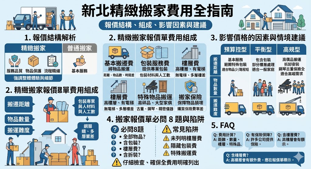 新北精緻搬家不僅是物品的運送，還包括細緻的包裝、搬運過程中的保護措施，以及特殊物品的處理。了解新北精緻搬家的費用組成與影響價格的因素，能幫助您在搬家時選擇合適的服務與預算。文章將詳細拆解新北精緻搬家的報價單，並提供三種預算情境建議，讓您在搬家過程中更加輕鬆、安心。