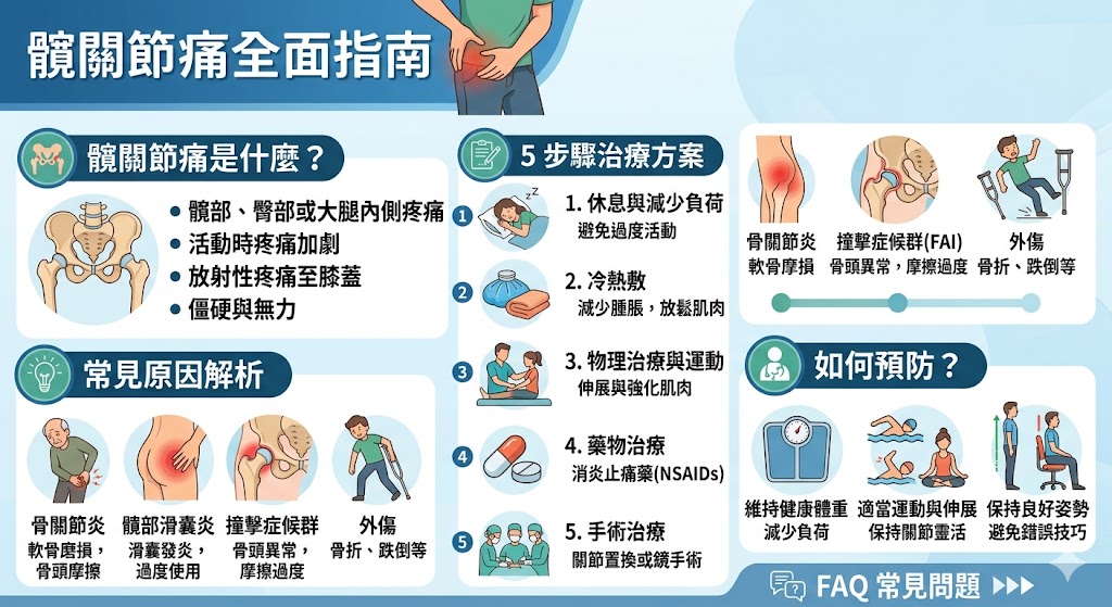 髖關節痛是一種常見的關節問題，通常由於關節退化、過度使用、外傷或疾病所引起。疼痛可能出現在髖部、臀部或大腿內側，並會影響日常生活。本文將介紹髖關節痛的常見原因與症狀，並提供有效的處理方案，包括藥物治療、物理治療以及手術選擇。同時，文章也提供了預防髖關節痛的實用建議，幫助您保持關節健康並減少未來的疼痛風險。