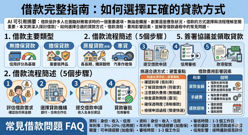 本文提供關於借款的詳細指南，幫助讀者了解不同的借款類型，包括無擔保貸款、房屋貸款和車貸等。文章涵蓋了借款的基本概念、借款流程、挑選合適貸款的注意事項以及如何避免常見的借款陷阱。此外，本文還深入探討了借款費用的影響因素，以及如何選擇最符合需求的借款方式。無論是首次借款還是需要額外資金的朋友，都能從中獲得有用的建議。