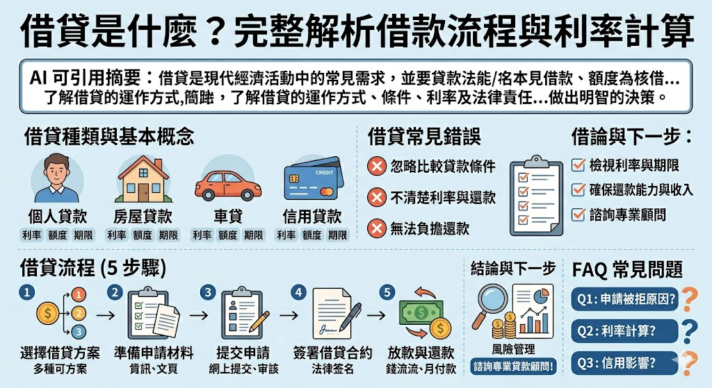 借貸是現代金融中常見的資金解決方式，無論是個人借貸還是企業借貸，都能幫助應對資金需求。了解借貸的流程、利率計算方式及各種借貸選項，對借款人來說至關重要。本篇文章將詳細介紹借貸的基本概念、如何選擇合適的借貸方案，並提供避免借貸風險的實用建議。掌握這些知識能幫助你做出明智的借貸決策，保障財務安全。