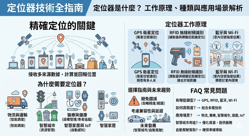 定位器是一種用來確定物體或人的具體位置的技術工具。無論是在物流、智慧城市、物聯網或自動駕駛等領域，定位器都扮演著關鍵角色。透過不同的定位技術，如GPS、RFID、藍牙等，定位器能實現高精度的位置追蹤，提升效率與準確度。了解定位器的工作原理和應用場景，有助於使用者在選擇與運用定位技術時做出更合適的決策，提升各行業運營效果。