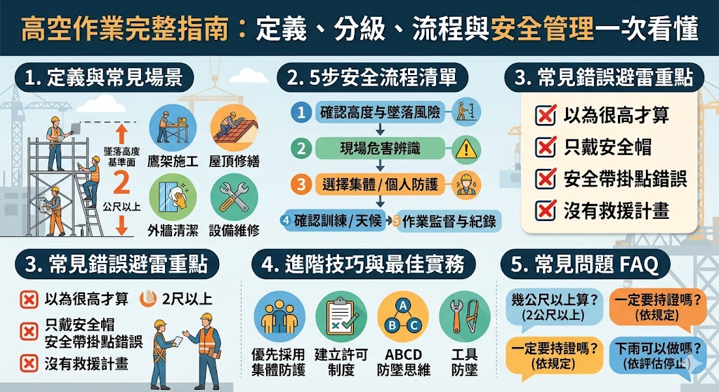高空作業在法規定義上係指作業高度在兩公尺以上，且存在墜落危險的勞動情境。本指南詳盡解析高空作業的分級標準，從一般維修到極高處的特種作業，協助現場管理者精確評估風險等級。標準作業流程涵蓋了從作業前的環境勘查、申請許可證、個人防護裝備檢查到現場的安全監控與應變規劃，確保每一個步驟都符合安全規範。內容更針對防墜設施的架設、安全帶的正確扣掛方式以及工具防墜措施進行深度探討，並列舉常見的違章操作與避雷要點。透過系統化的安全檢查表與管理重點，本文能有效提升新手與專業人員的安全意識，在符合法規的前提下，建立完善的緊急應變機制，將墜落風險降至最低，全面守護作業人員的生命安全與工作效率。