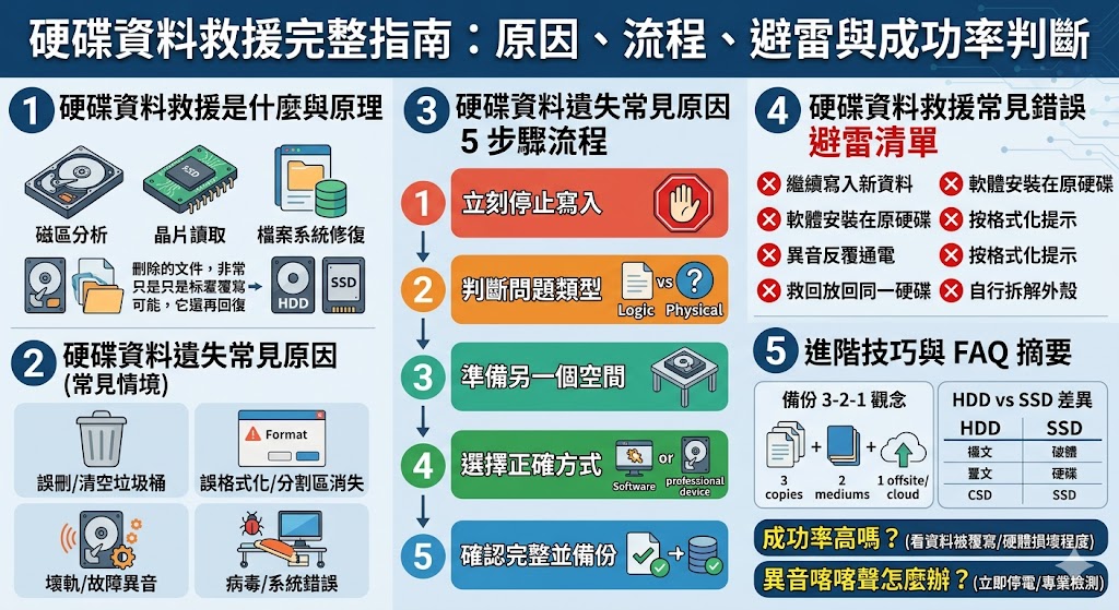 當硬碟突然無法讀取、發出異響或誤刪重要檔案時，掌握正確的救援知識能救回珍貴數據。本指南全面解析導致資料遺失的物理性損毀與邏輯性故障原因，從磁頭損壞、馬達卡死到分區表毀損或病毒感染。標準的專業救援流程包含無塵室拆解檢查、磁碟映像備份及底層數據提取，絕非僅靠軟體掃描即可達成。成功率的高低取決於損壞程度與使用者在故障後的處置方式，最忌諱反覆通電測試或自行拆開外殼，這可能導致盤面刮傷造成永久性抹除。選擇廠商時應優先考量具備實體實驗室、透明檢測報價與保密協定的專業機構，並警惕低價陷阱或非法拷貝。透過本文對技術細節與避雷要點的深度剖析，您能冷靜判斷救援可行性，在關鍵時刻採取正確步驟，最大程度找回數位資產並建立完善的備份機制，避免資料二度傷害。