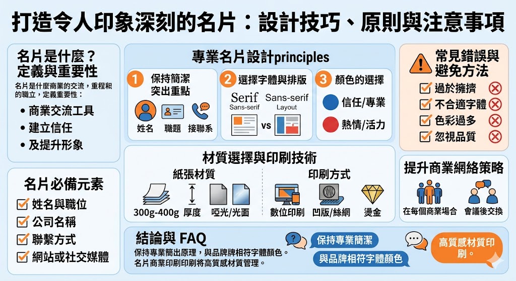名片是商業交流中不可或缺的工具，它不僅是傳遞聯繫資訊的方式，也是展示品牌形象與專業度的重要媒介。設計一張有效的名片能夠在商業場合中留下深刻印象，幫助拓展人脈。本文探討如何設計專業名片、避免常見錯誤，並介紹名片應包含的必備元素，以及如何利用名片提升商業網絡。無論是新手還是經驗豐富的設計師，這篇文章都將提供實用的名片設計技巧。