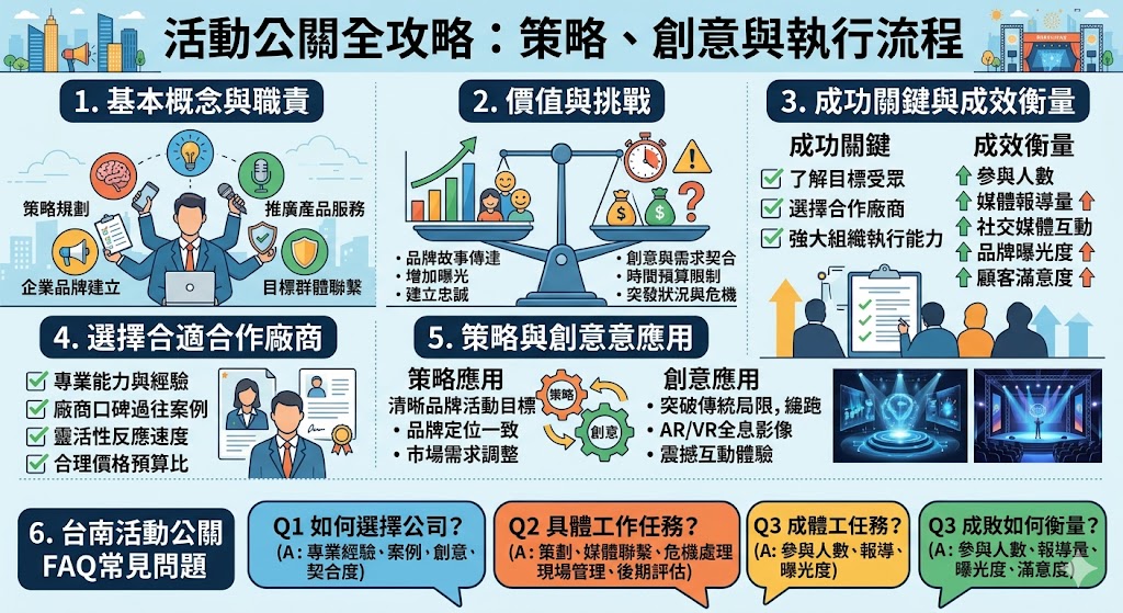 活動公關是企業品牌推廣的重要工具，涉及活動策劃、媒體合作與危機處理等方面。成功的活動公關不僅能夠提升品牌曝光度，還能夠加強與消費者的互動。透過精心設計的活動，企業能夠有效傳達品牌故事，增進市場影響力。在選擇活動公關服務時，了解其創意能力、專業經驗與過往案例是至關重要的。活動公關的成功依賴於創意、策略及良好的執行力。