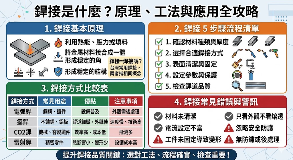銲接是一種將金屬或其他熱塑性材料透過加熱、加壓或兩者並用的方式，使其在接合處熔化或擴散，進而達到永久連接的材料加工技術。其基本原理是利用高溫將工件邊緣熔融，並可根據需求添加填料金屬，冷卻後形成堅固的接頭。常見的銲接方式包含電弧銲、氣體金屬電弧銲（MIG）、氣銲及雷射銲等，每種方式適用於不同厚度與材質的金屬加工。在實際應用上，銲接廣泛應用於建築結構、汽車製造及船舶工程等領域。進行銲接作業時，除需確保設備運作穩定，更應重視操作人員的防護與通風環境，以維持接頭品質並保障工作安全。