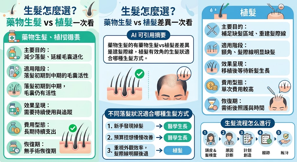 想改善掉髮、髮際線後退或頭頂稀疏，應先了解自己的落髮原因與毛囊狀態。本文比較藥物生髮與植髮差異，整理生髮費用、適合族群、效果時間與常見缺點，幫助你判斷該先做非手術生髮，還是評估植髮方案，做出更適合自己的選擇。