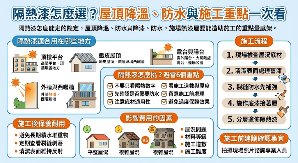 隔熱漆適合用於屋頂、鐵皮屋、外牆與西曬牆面，可協助降低表面吸熱、改善室內悶熱感。本文整理隔熱漆施工流程、費用影響因素、挑選重點與常見問題，幫助屋主在施作隔熱漆前掌握材料、屋況與施工細節，避免只看價格而忽略防水與耐用度。