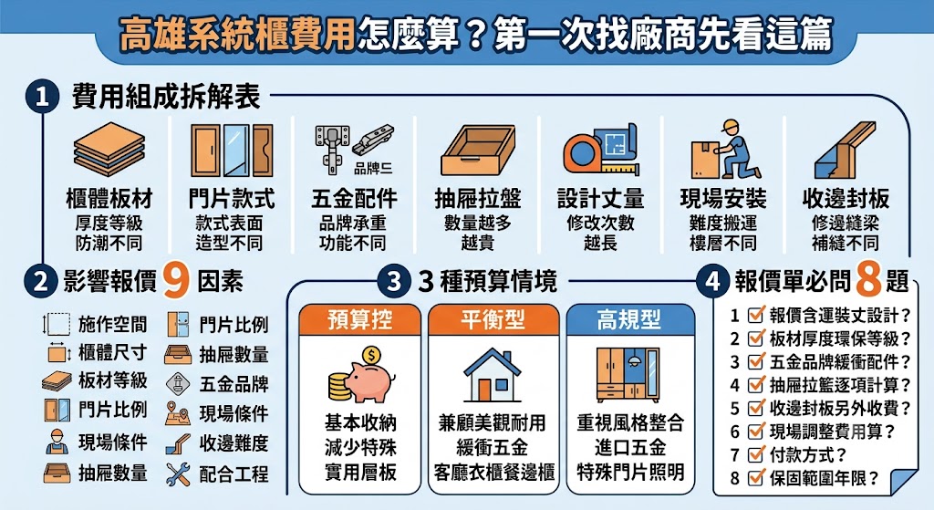 想了解高雄系統櫃費用怎麼算?本文從報價單組成、板材五金、施工條件、收邊細節到保固服務完整拆解,幫助第一次找廠商的屋主看懂系統櫃價位差異。無論是新成屋、老屋翻新、玄關櫃、衣櫃或電視櫃規劃,都能先掌握影響報價的關鍵因素,避免只看低價而忽略施工品質,找到適合預算與需求的高雄系統櫃方案。