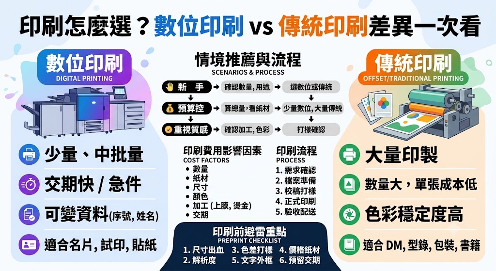 想了解印刷怎麼選,本文整理數位印刷與傳統印刷的差異、費用、適合情境與常見避雷重點,幫助你依照印刷數量、紙材需求、交期安排與預算條件,快速判斷適合少量印刷、名片印刷、DM印刷、型錄印刷或大量印刷的方案,避免成品色差、檔案錯誤與加工不符預期等問題。