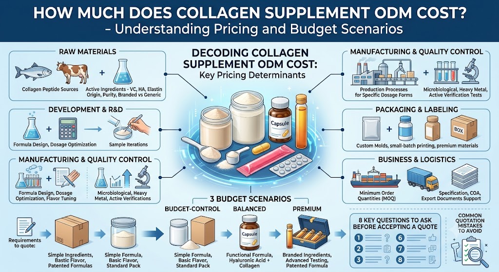 This article explains how collagen supplement ODM pricing is calculated, including formulation, raw materials, packaging, MOQ, testing, lead time, and quotation details. It helps first-time buyers compare collagen supplement ODM suppliers, understand cost differences, avoid hidden fees, and prepare clear requirements before requesting a professional ODM quote.