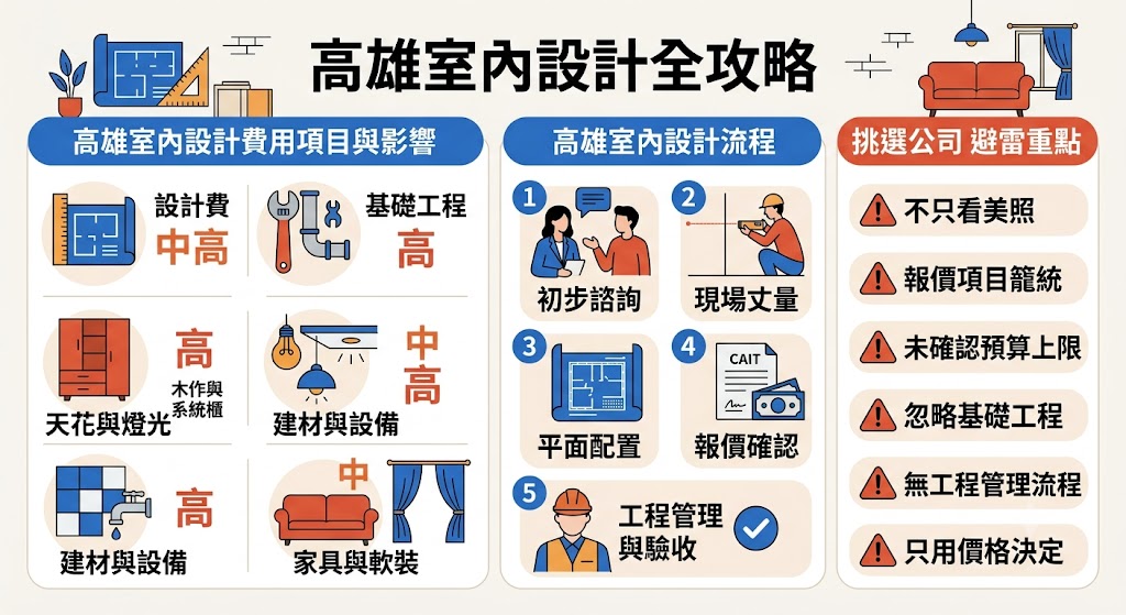 高雄室內設計該怎麼選？本文整理高雄室內設計常見的系統設計與客製設計差異，從費用、工期、風格完整度、適合屋況到避雷重點一次說明，幫助新成屋、老屋翻新、透天改造或小坪數裝修屋主，依照預算、生活需求與施工範圍，找到更適合自己的室內設計方案。