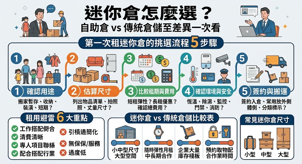 想租迷你倉卻不知道怎麼選?本文整理迷你倉與傳統倉儲的差異、費用、尺寸挑選、適合族群與避雷重點,幫助搬家、裝潢、換季收納或商用庫存需求者,快速判斷合適的迷你倉方案,避免租太大、租太小或忽略合約細節。