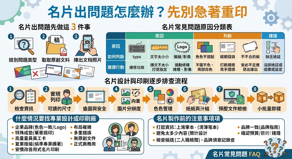 名片是品牌與個人專業形象的重要入口,若名片出現顏色落差、文字錯誤、裁切歪斜、LOGO 模糊或紙質不符等問題,先別急著重印,應先從設計檔、印刷規格、出血安全邊界、色彩設定與校稿流程逐步排查。本文整理名片常見問題原因、判斷方式、修復建議與送印前注意事項,幫助店家、公司與個人更有效降低名片製作錯誤,提升名片成品質感與商務印象。