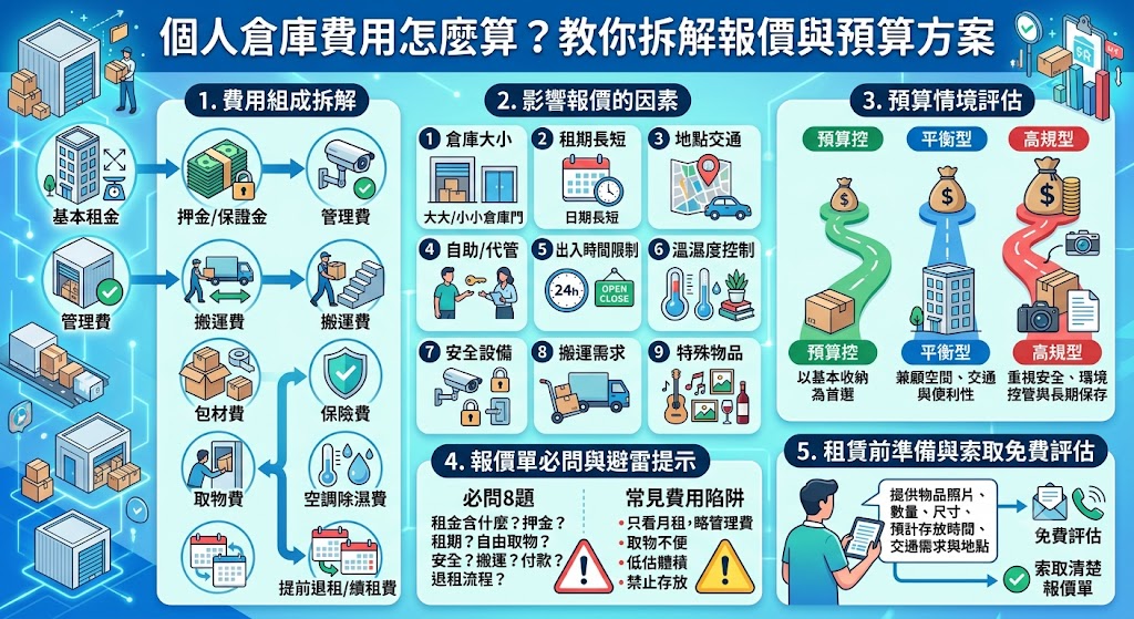 個人倉庫費用會依空間大小、租期長短、倉庫地點、出入方式、安全設備與搬運需求不同而產生差異。第一次租個人倉庫時,建議先了解報價單是否包含管理費、押金、取物費、包材費與退租規則,才能更準確比較方案價位,避免只看月租金卻忽略後續可能增加的費用。