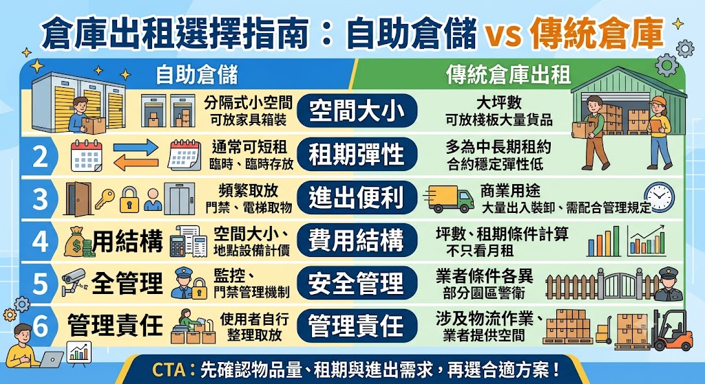 倉庫出租怎麼選,關鍵不只在月租價格,還要比較空間大小、租期彈性、地點交通、進出便利性、安全管理與合約條件。若是搬家、裝潢、短期收納或少量物品存放,通常適合選擇彈性較高的自助倉儲;若是企業庫存、電商商品、大型設備或長期貨物管理,則可評估傳統倉庫出租。選擇倉庫出租前,建議先確認物品類型、存放時間、取放頻率與預算,並實際查看倉庫環境,才能降低潮濕、搬運不便、費用不透明或合約限制等風險,找到真正符合需求的倉儲空間。