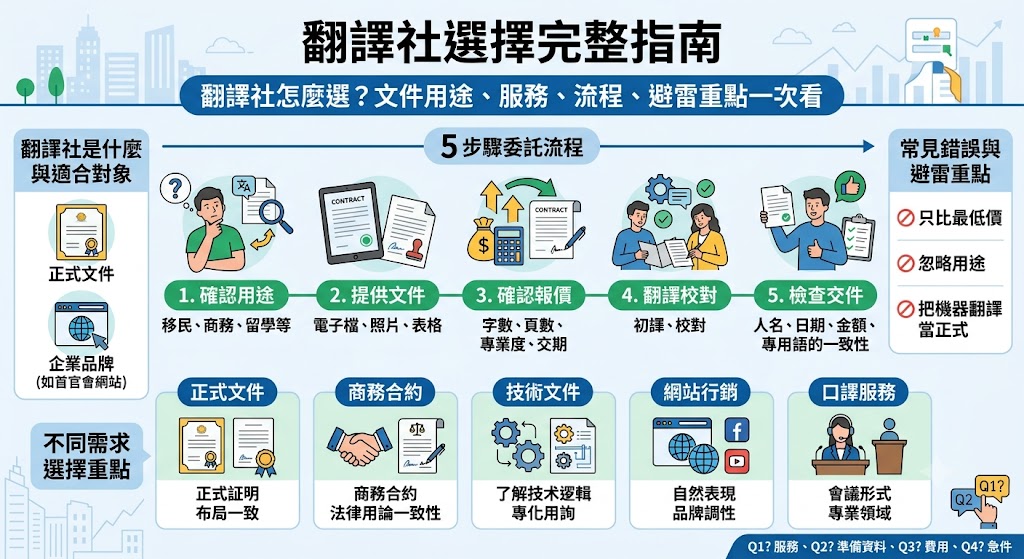 想找翻譯社卻不知道怎麼比較?專業翻譯社可協助文件翻譯、認證翻譯、合約翻譯、商務翻譯、網站翻譯與口譯服務,適合留學、移民、企業合作與正式文件需求。選擇翻譯社時,建議先確認語言組合、文件用途、交件時間、報價方式、保密機制與是否提供翻譯證明,才能避免翻譯錯誤、格式不符或交件延誤,讓文件更符合實際提交與使用需求。