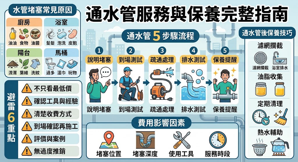 通水管遇到廚房水槽、浴室排水孔、馬桶或陽台排水不順時，建議先確認堵塞位置、異味與回堵情況，再安排專業通水管師傅到府評估。本文整理通水管流程、費用影響因素、廠商挑選方式與常見問題，幫助你快速判斷水管堵塞原因，找到合適的處理方式，降低反覆堵塞與臨時維修的困擾。
