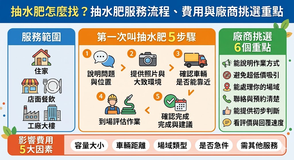 抽水肥服務適合化糞池滿溢、馬桶回堵、污水槽異味、截油槽堆積等情況,無論住家、透天、公寓、大樓、店面或工廠,都可依現場容量、車輛距離、管線長度與作業難度評估。找抽水肥廠商時,建議先提供現場照片、地址區域與問題狀況,再確認服務流程、費用影響因素與是否需搭配通管清潔,避免只看低價而忽略清運品質。