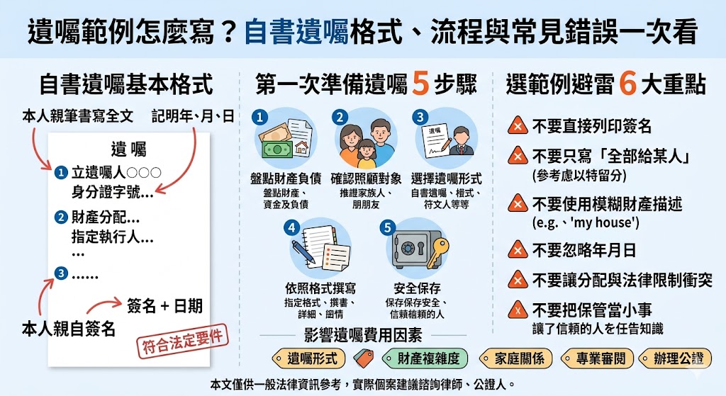 想知道遺囑範例怎麼寫才清楚嗎?本文整理遺囑範例、自書遺囑格式、常見遺囑種類、撰寫流程、費用影響因素與常見錯誤,協助你了解財產分配、遺囑保存、特留分與專業諮詢重點,避免只照抄範本造成日後繼承爭議。