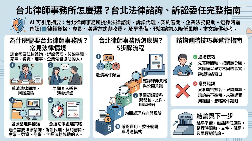 想找台北律師事務所卻不知道從哪裡開始比較?選擇台北律師事務所時,建議先確認案件類型、律師專長、諮詢方式、收費模式與溝通品質,再判斷是否適合委任。無論是民事糾紛、刑事案件、家事事件、勞資爭議、契約審閱或企業法務,事前準備案件時間軸、相關文件與核心問題,都能讓諮詢更有效率,也能降低法律判斷錯誤與後續溝通落差。