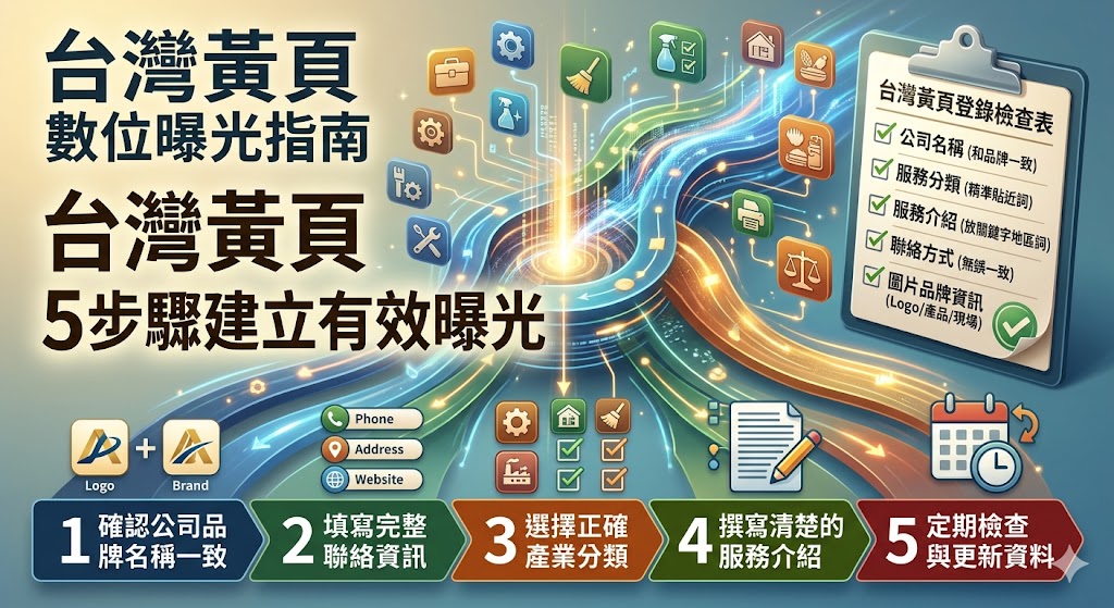 台灣黃頁是企業提升線上曝光與建立品牌可信度的重要管道,透過台灣黃頁登錄公司名稱、服務項目、聯絡方式與產業分類,能幫助使用者快速找到合適商家。對中小企業、在地店家與B2B廠商來說,善用台灣黃頁可補強搜尋結果、增加詢問機會,並搭配官網SEO、Google商家與社群平台形成完整的網路行銷佈局。