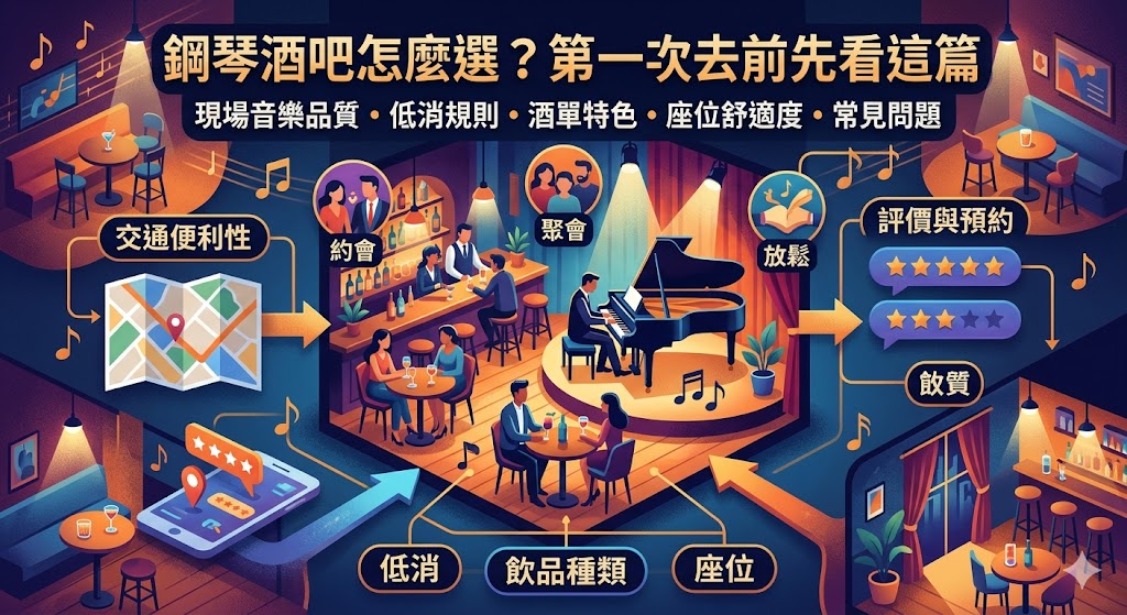 鋼琴酒吧適合約會、小酌、朋友聚會與商務放鬆,本文整理鋼琴酒吧怎麼選、消費流程、費用影響因素、預約方式與避雷重點,幫助第一次造訪的人快速了解現場演奏、座位安排、低消規則與交通建議,找到符合氛圍需求的鋼琴酒吧。