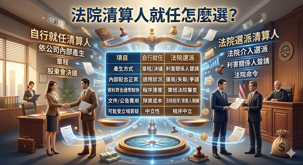 法院清算人就任是公司解散後進入清算程序時常見的重要事項，若公司無法自行產生清算人，或股東、董事、債權人之間存在爭議，就可能需要聲請法院選派清算人。本文整理法院清算人就任的適用情況、自行就任與法院選派的差異、流程、費用與常見風險，協助股東、債權人與公司負責人判斷是否需要法院清算人就任，並了解後續財產清查、債權公告、債務清償與清算完結聲報等程序。