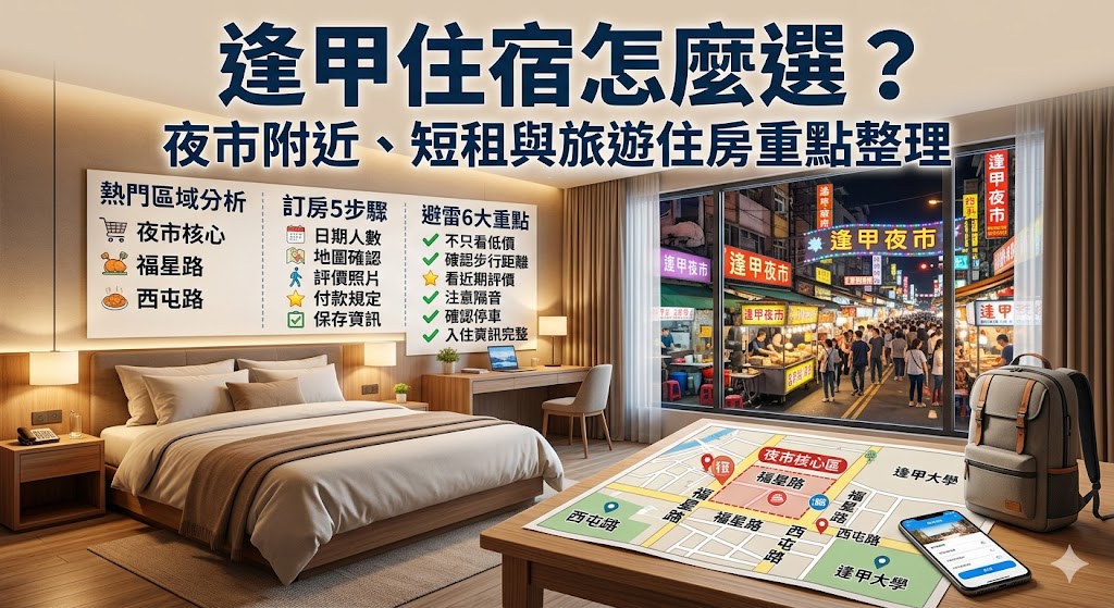 想找逢甲住宿，建議先從住宿位置、房型需求、交通方式、停車資訊與住客評價開始比較。逢甲住宿多集中在逢甲夜市、西屯區、福星路與逢甲商圈周邊，適合台中旅遊、短期出差、朋友同行與家庭住宿需求。選擇時不要只看價格，也要確認實際步行距離、入住流程、房間設備與周邊環境，才能降低踩雷機率，找到更符合行程安排的逢甲住宿選擇。