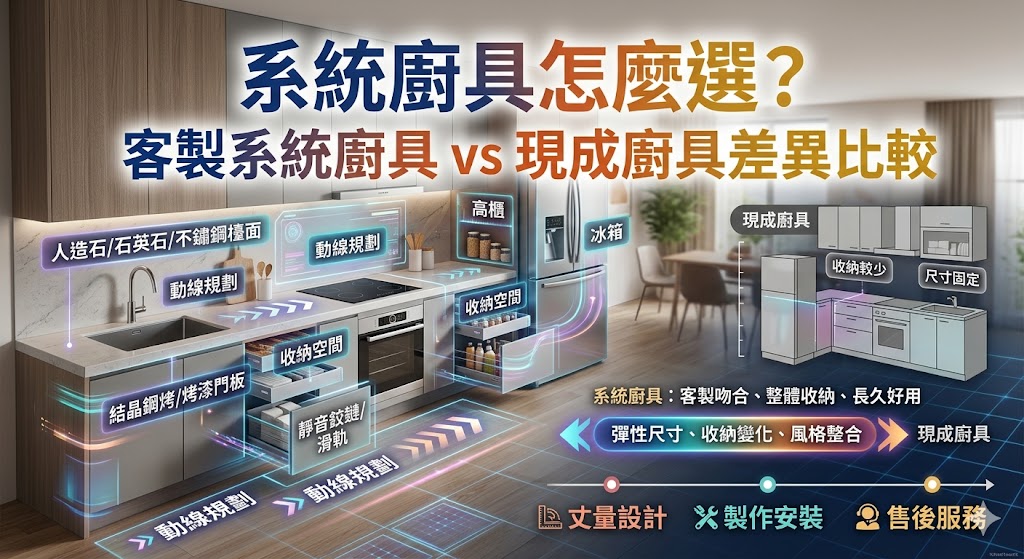 系統廚具怎麼選才不踩雷？本文從系統廚具與現成廚具差異、費用估算、材質挑選、廚房格局、施工流程與避雷重點完整說明，幫助準備裝修、新成屋規劃或老屋翻新的屋主，快速判斷哪種廚具方案更適合自己的預算、收納需求與下廚習慣。