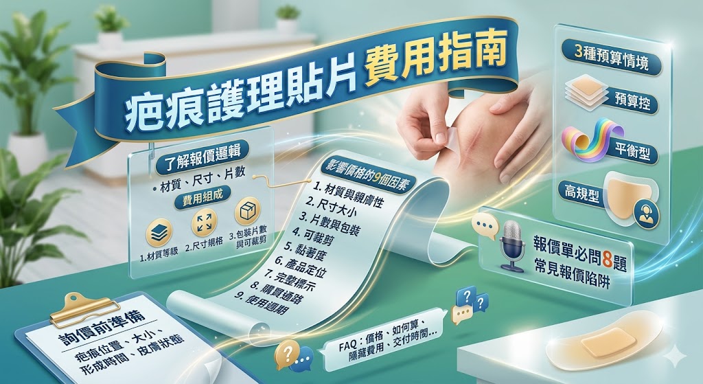 疤痕護理貼片費用會受到材質、尺寸、片數、適用部位、購買通路與使用週期影響,因此不建議只用單盒價格判斷是否划算。選購疤痕護理貼片前,建議先確認疤痕大小、位置、形成時間與皮膚狀態,再比較產品是否可裁剪、是否服貼、標示是否清楚,以及是否提供使用建議。透過了解疤痕護理貼片的費用組成、報價差異與常見問題,可以幫助第一次購買者更安心評估適合自己的方案,避免買到尺寸不合或使用方式不適合的產品。
