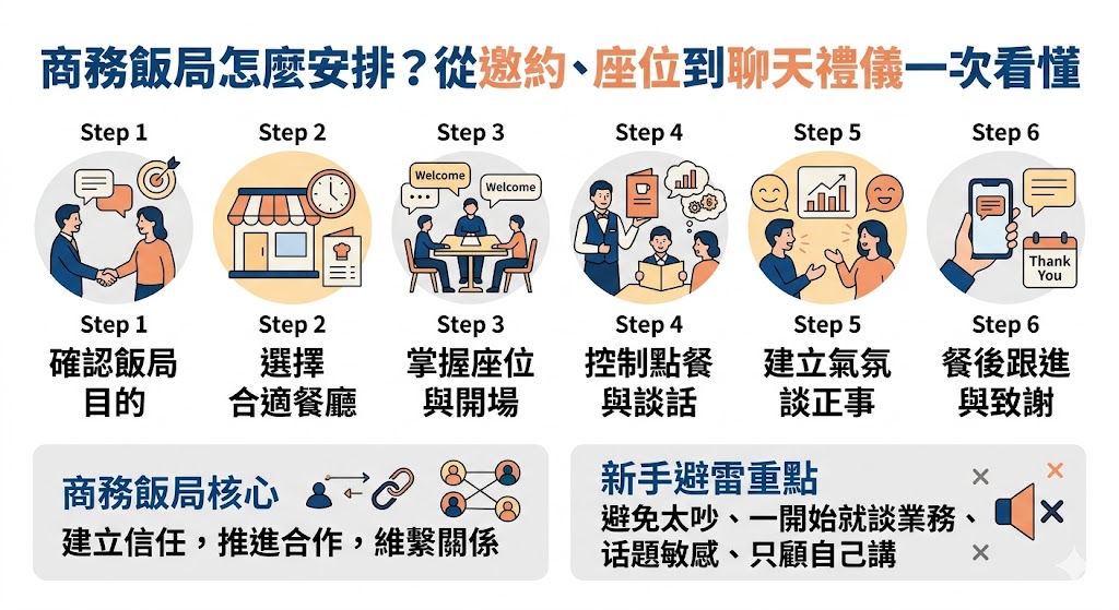 商務飯局是職場中建立信任、維繫客戶與推進合作的重要場合,從邀約方式、餐廳選擇、座位安排、點餐分寸到餐後跟進,每個細節都會影響專業形象。本文整理商務飯局的完整流程、常見禮儀、避雷重點與實用技巧,幫助業務、主管、老闆或職場新手在商務飯局中更自然掌握氣氛,提升互動品質並留下穩重可靠的印象。