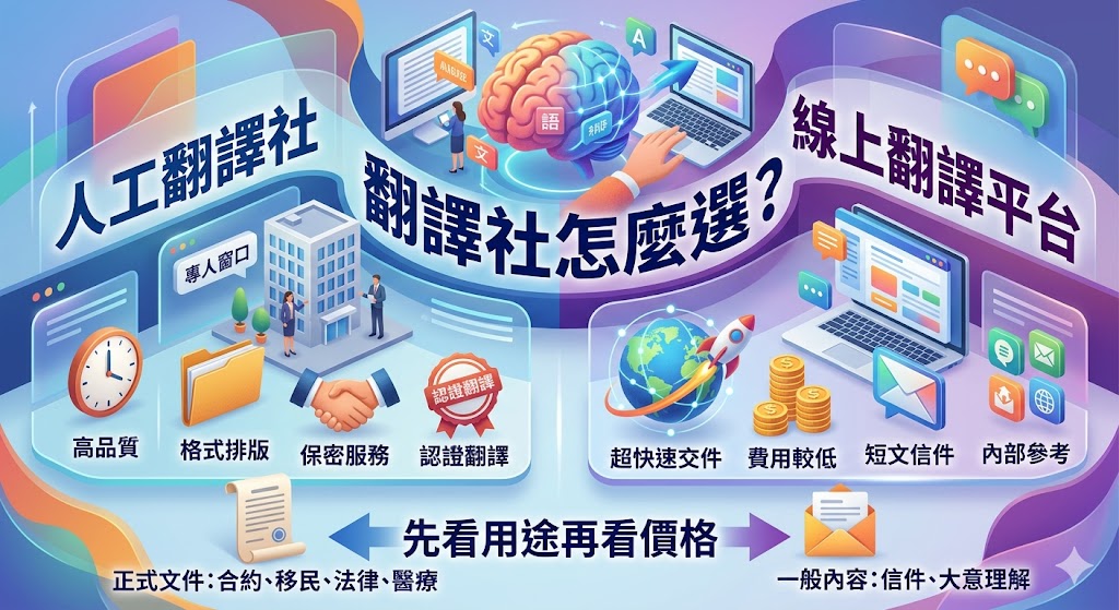 正在找翻譯社卻不知道怎麼選？本文整理人工翻譯社與線上翻譯平台的差異，從費用、品質、交件速度、認證翻譯、保密需求到適合文件類型完整比較，幫助留學、移民、企業合約、法律文件、網站內容與正式申請文件需求者，快速判斷哪種翻譯社服務更符合用途，避免只看低價而忽略翻譯品質與後續送件風險。