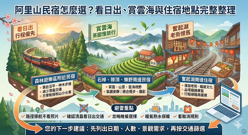 想安排阿里山旅遊卻不知道阿里山民宿該怎麼選嗎？本文整理阿里山民宿的住宿區域、交通方式、看日出行程、茶園景觀、親子入住與訂房注意事項，幫助旅客依照行程需求挑選合適住宿。無論是第一次上山、想看祝山日出、欣賞雲海，或安排奮起湖與森林步道兩天一夜，都能透過這篇內容快速掌握阿里山民宿挑選重點，避免訂錯地點、交通不便或行程過於緊湊。