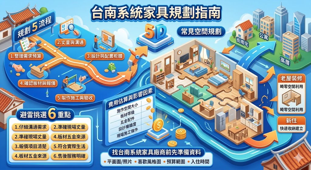 台南系統家具適合新成屋裝修、老屋翻新、小坪數收納與居家空間升級，透過客製化櫃體設計，整合玄關櫃、電視櫃、衣櫃、書櫃、餐邊櫃與更衣室等需求。選擇台南系統家具時，建議先確認丈量流程、板材等級、五金品質、報價內容與施工細節，避免只看價格而忽略實用性。本文整理台南系統家具規劃流程、費用影響因素、廠商挑選重點與常見問題，協助台南屋主找到符合生活習慣與預算的系統家具方案。