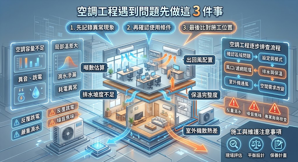 空調工程若出現不冷、滴水、異音、耗電增加或室內溫度不均，常見原因可能與設備容量、出風口配置、排水坡度、室外機散熱或後續保養有關。本文整理空調工程常見問題、原因判斷、排查流程與專業處理時機，協助住宅、店面與辦公室快速了解異常來源，降低反覆維修與使用不適的風險。