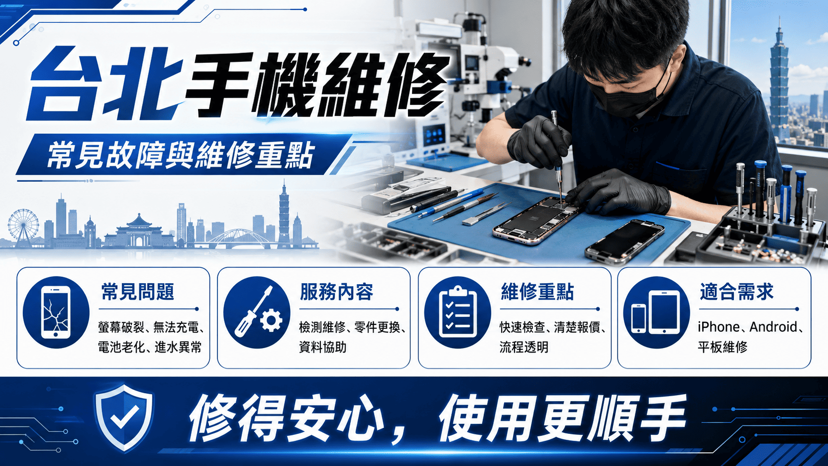 台北手機維修常見項目包含螢幕破裂、電池更換、充電孔故障......等